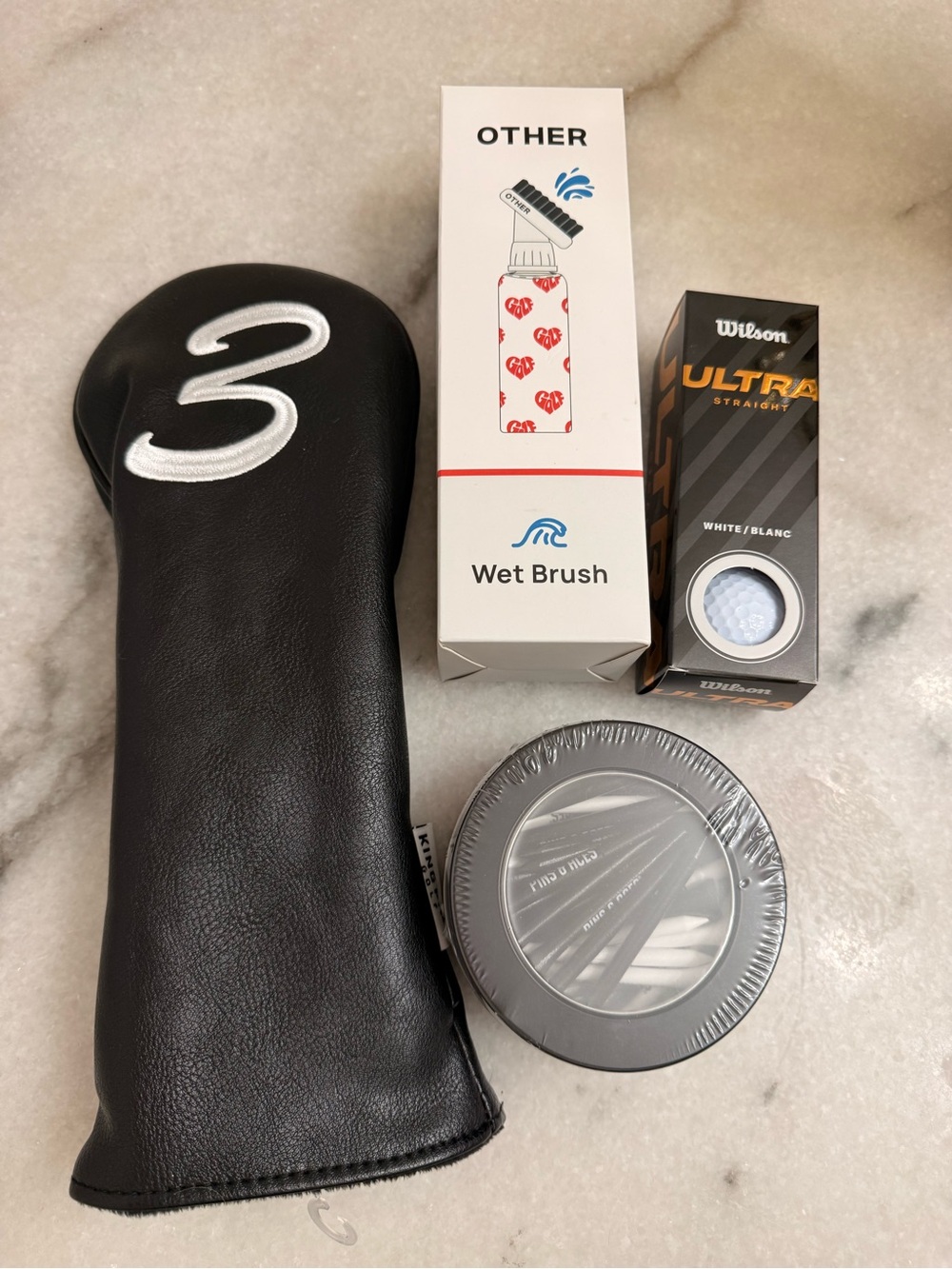 Golf Kit Starter Set HeadCover with Wet Brush Pins & Aced Tees and Wilson Balls